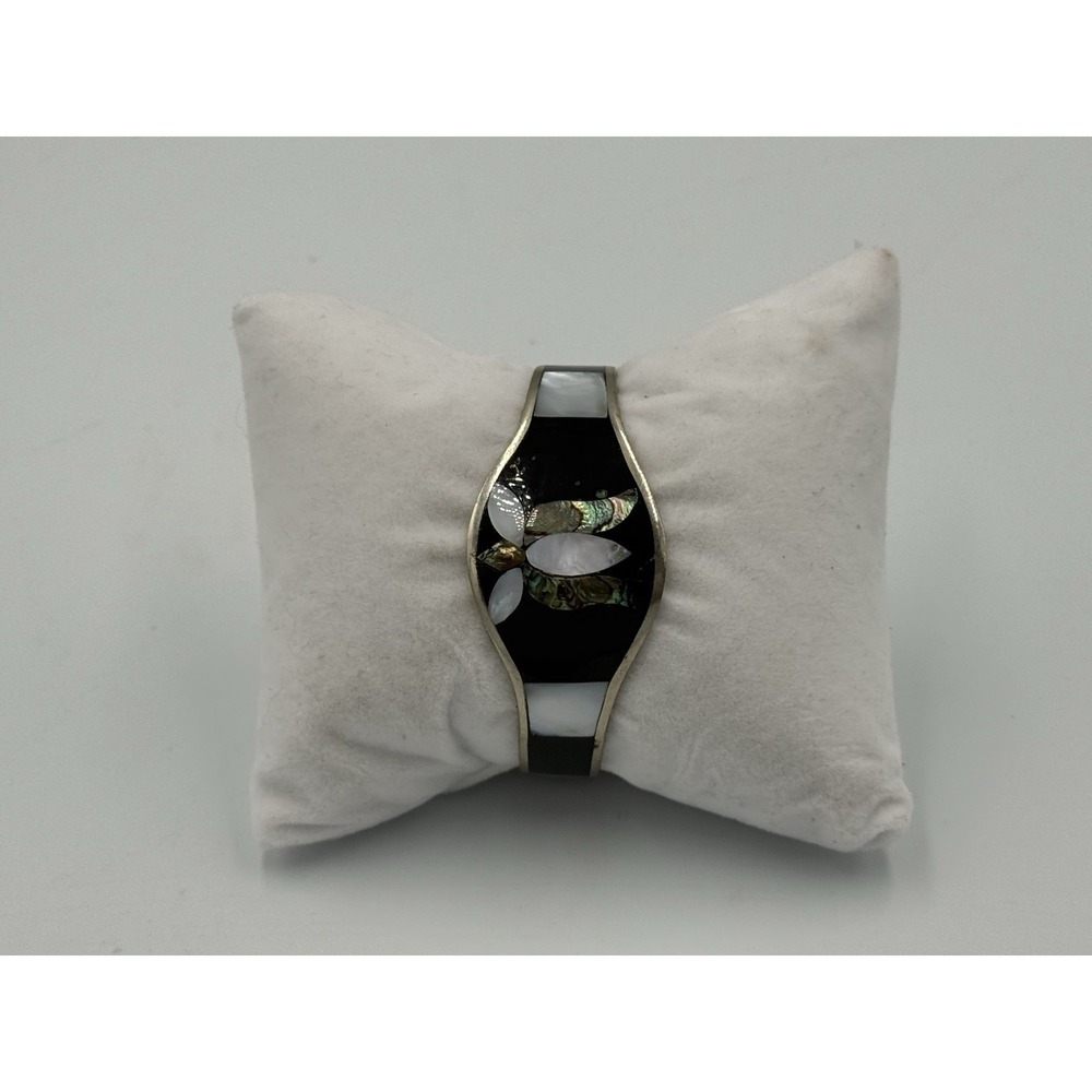 Vintage Mexico Alpaca Silver Mother Of Pearl Abalone Floral Cuff Bracelet *Read*